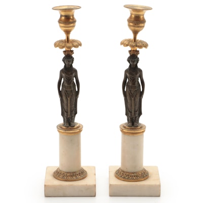 Neoclassical Style Figural Marble and Metal Candlesticks, Late 19th/Early 20th C