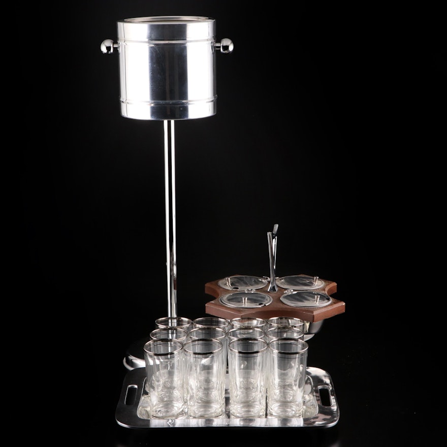 Chrome Plated Champagne Bucket, Condiment Caddy, Tray and Tumblers