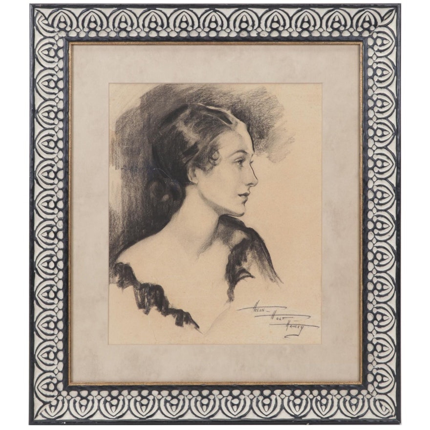 Helen Holt Hawley Portrait Charcoal Drawing of Woman in Profile, Circa 1930