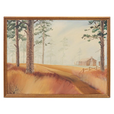 J. Simkins Rural Landscape Oil Painting of Log Cabin, Circa 1965