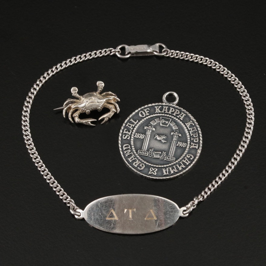 Delta Taux Delta Bracelet and 800 Silver Crab Pin Featured in Sterling Jewelry