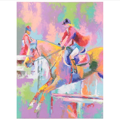 Equestrian Acrylic Painting of Show Jumping, Circa 2000