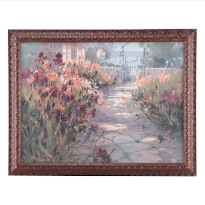 Embellished Offset Lithograph After Marilyn Simandle of Garden Scene