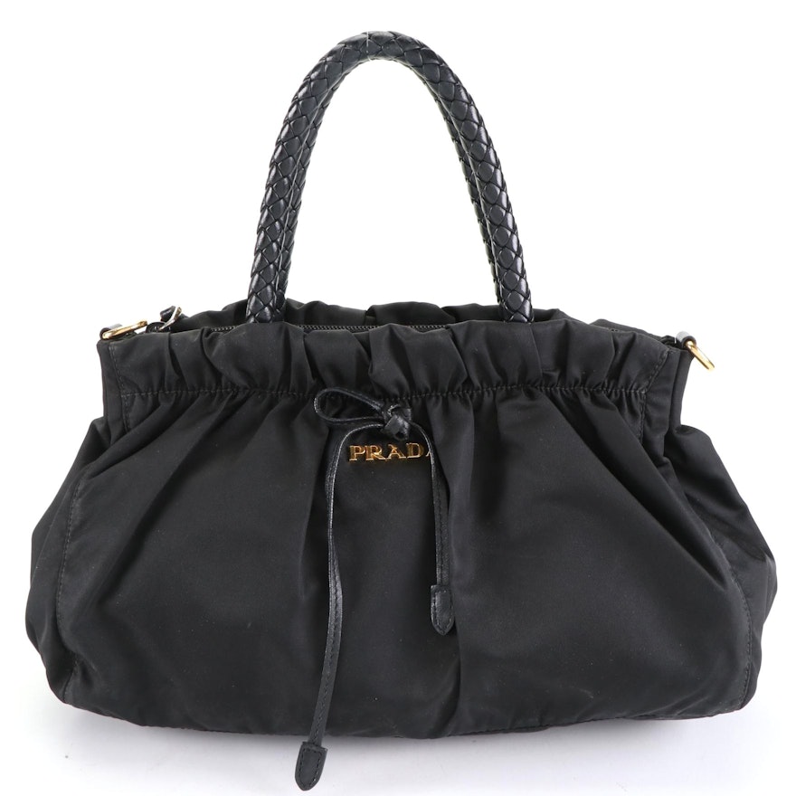 Prada Tessuto Nylon and Braided Leather Handle Two-Way Bag