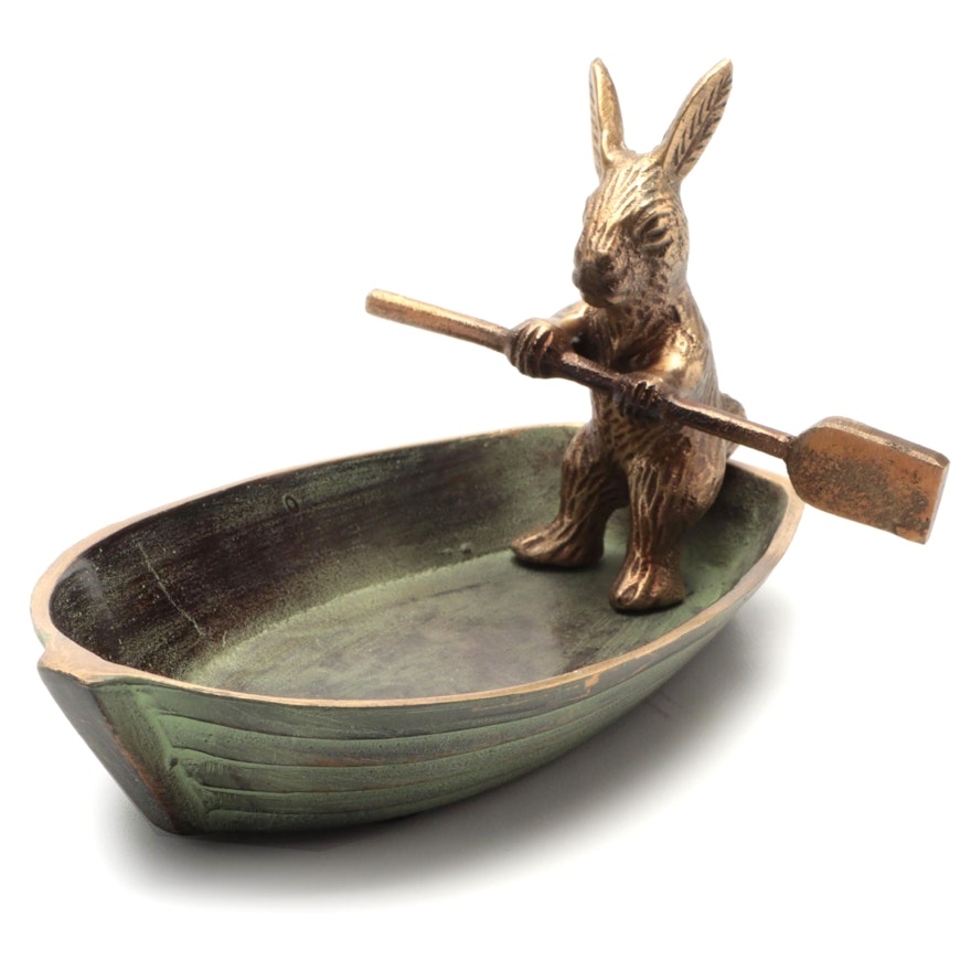 Patinated Cast Brass Rabbit in Rowboat Trinket Dish