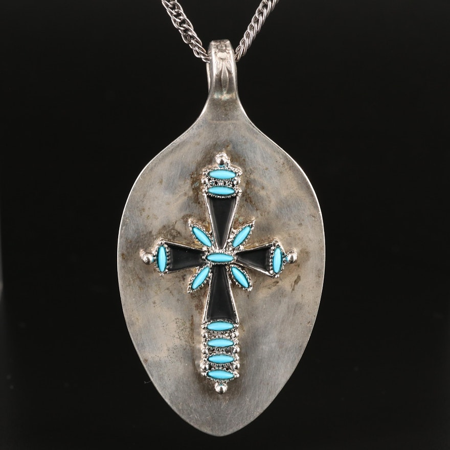 Signed Cross Necklace with Faux Turquoise and Converted Spoon