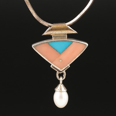 Knifewing Segura, Chiricahua Apache Sterling Coral, Turquoise and Pearl Necklace