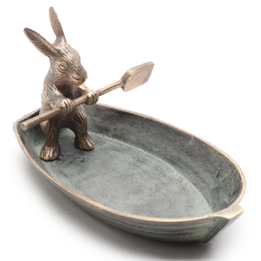Patinated Cast Brass Bunny in Rowboat Trinket Dish