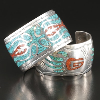Signed Southwestern Sterling Mosaic Inlay Cuffs