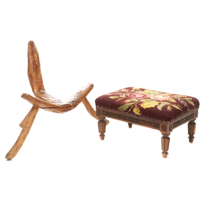 Bench-Made Wooden Tripod Chair with Louis XVI Style Needlepoint Footstool