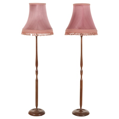 Turned Wood Floor Lamp Pair With Tasseled Lampshades, Mid-20th Century