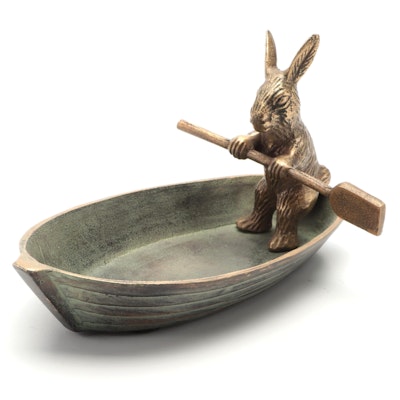 Brass and Cast Iron Rabbit In Rowboat Trinket Dish