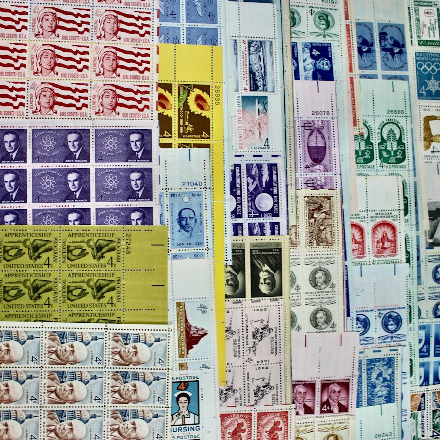 Sixty-Three Different U.S. 4-Cent Postage Stamp Sheets, 1950s and 1960s