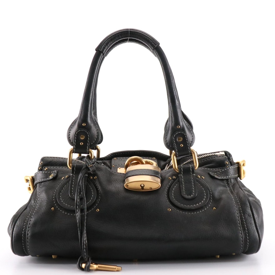Chloé Medium Paddington Shoulder Bag in Black Pebbled Leather