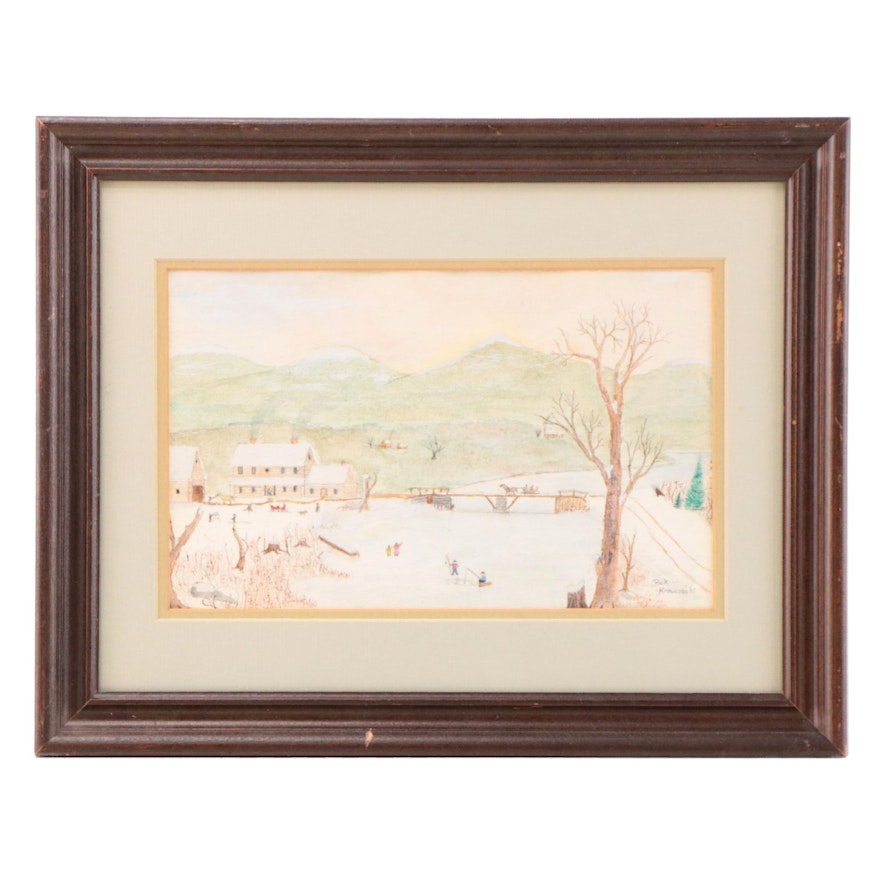 Watercolor Painting of Winter Landscape