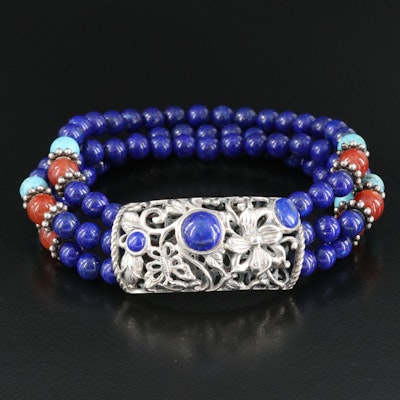 Sterling Carnelian, Magnesite and Lapis Lazuli Bracelet