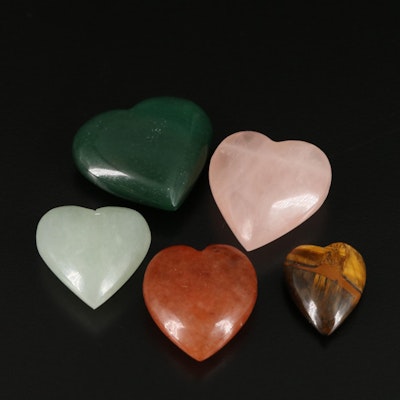 Rose Quartz, Tiger's Eye, and Chalcedony Carved Hearts Lot