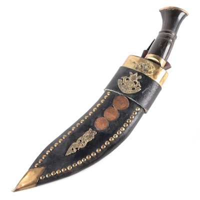 Indonesian Horn Handled and Engraved Steel Kukri Knife with Scabbard