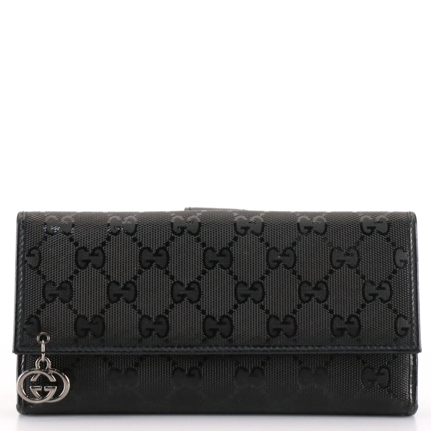 Gucci GG Charm Continental Wallet in Black GG Imprime Coated Canvas with Box