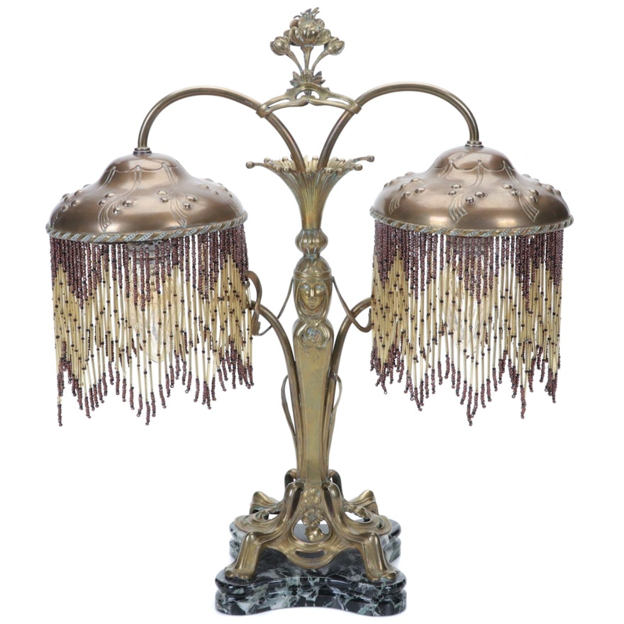 Art Nouveau Brass and Marble Dual Arm Table Lamp With Beaded Fringe Shades
