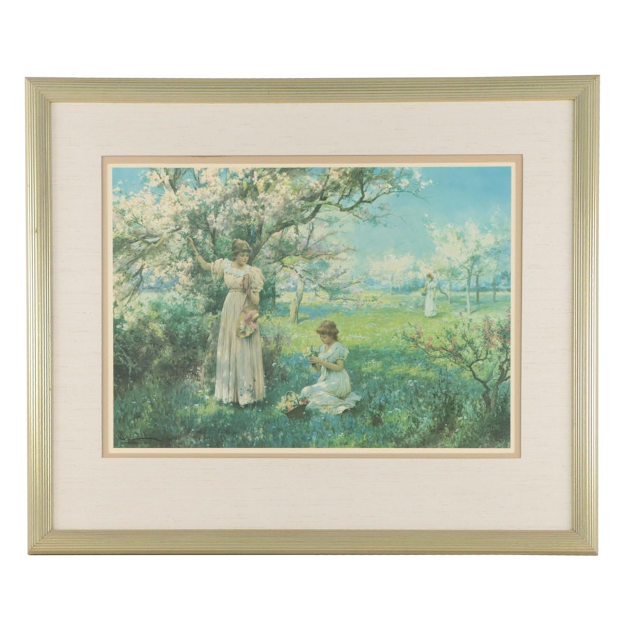 Offset Lithograph After Alfred Augustus Glendening "Spring: Picking Flowers"