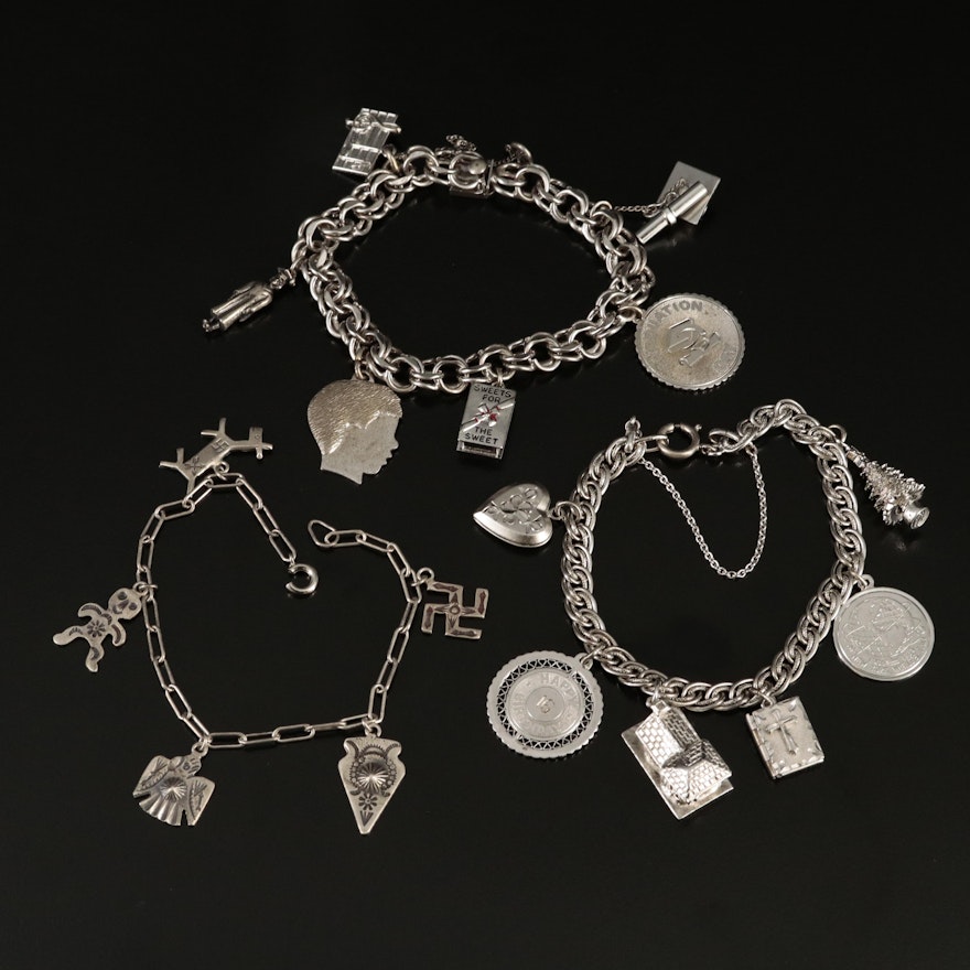 Sterling and 800 Silver Charm Bracelets Including 900 Silver and Southwestern