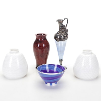 Detroit Glass Company Dish with Other Art Glass Vases and Ewer