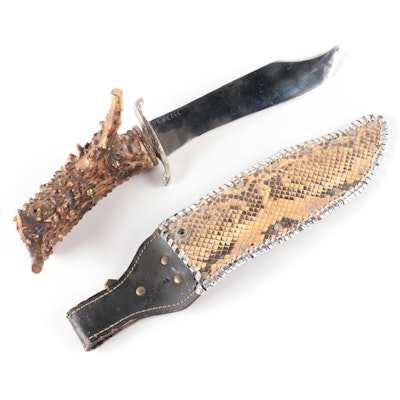 Handcrafted Antler Handled Bowie Knife with Snakeskin Scabbard