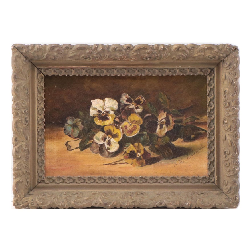Kittie Griswell Floral Still Life Oil Painting of Pansies, Circa 1900