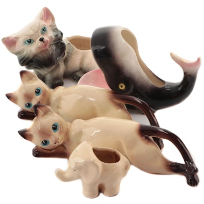 Japanese Ceramic Siamese Cat Figurines with Animal Planter Vases, Mid-20th C.