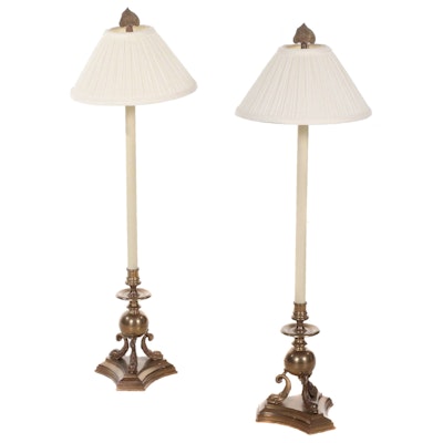 Chapman Neoclassical Style Brass Candlestick Buffet Lamp Pair, Late 20th Century