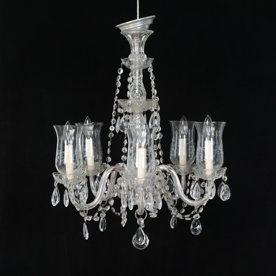 Etched Glass, Crystal and Glass Prism Five-Arm Chandelier, Mid to Late 20th C