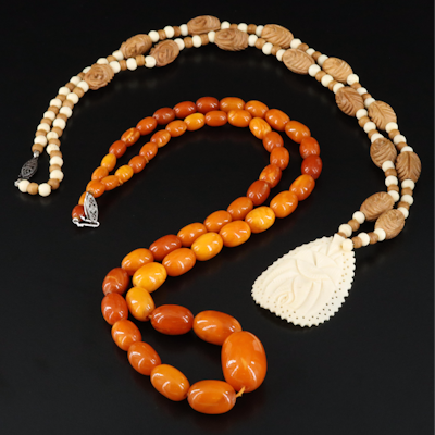 Graduated Amber, Carved Wood and Bone Necklaces with Sterling Clasps
