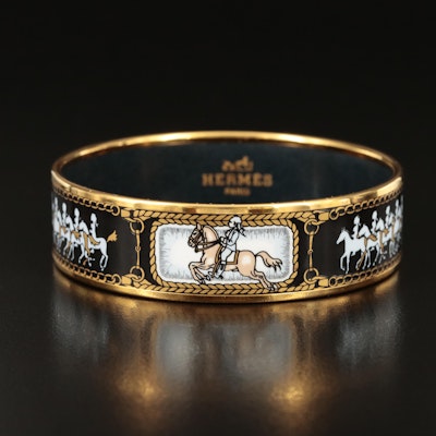 Hermès Enameled Equestrian Bangle with Horse and Rider Pattern