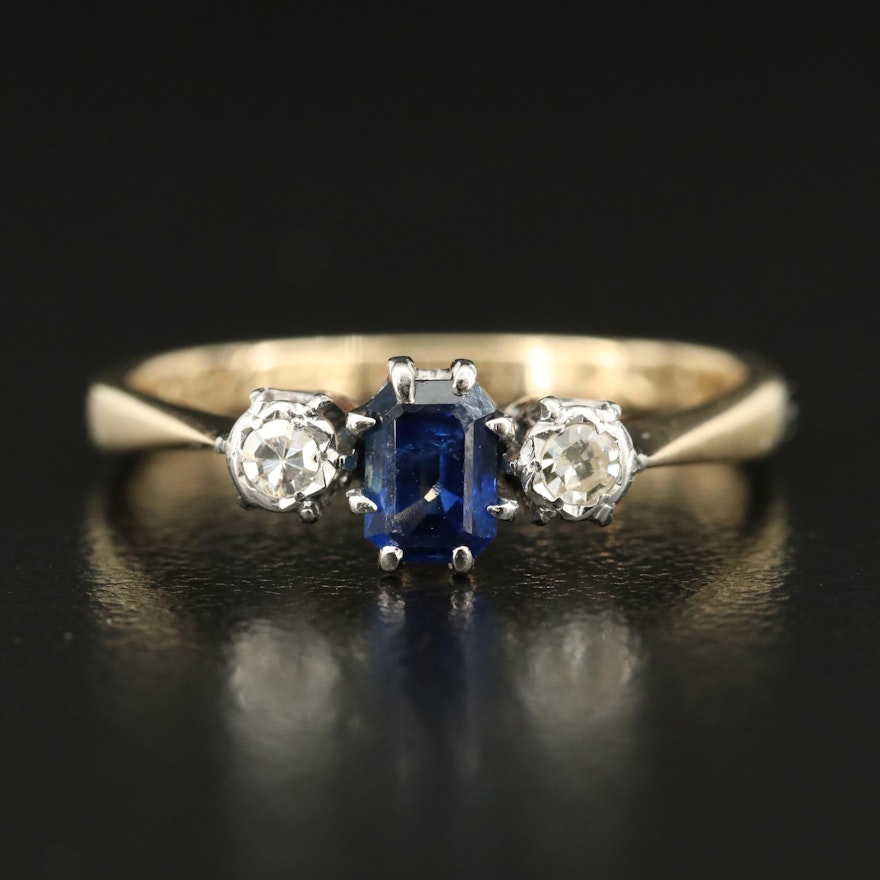 Vintage 9K Sapphire and Diamond Ring with Platinum Settings