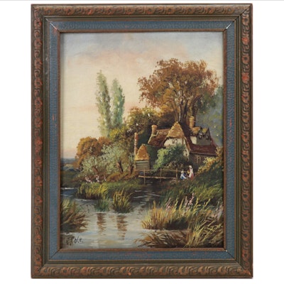 E. Cole Oil Painting of Cottage Beside Marshy Pond, Early 20th Century