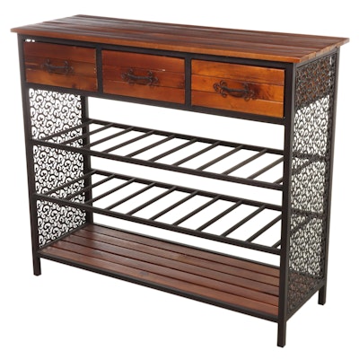 Contemporary Wood Slat and Openwork Metal Hall Table