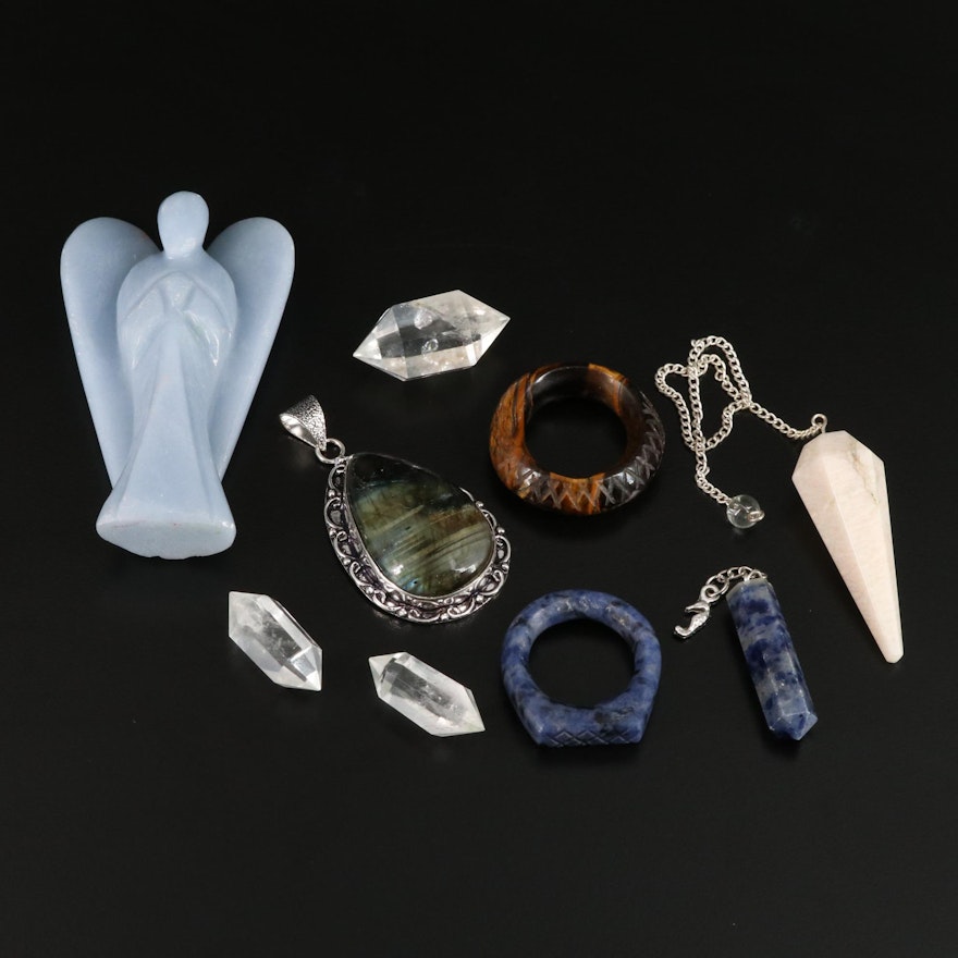 Polished Labradorite, Quartz and Tiger's Eye Rings, Pendants and Figurine