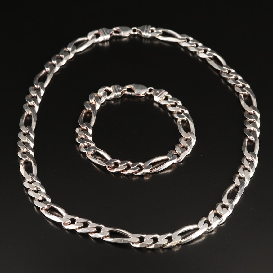 Italian Sterling Figaro Chain Necklace and Bracelet