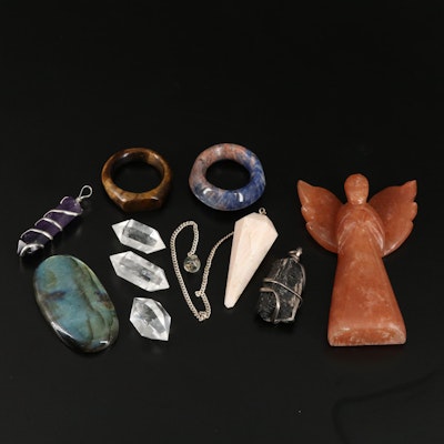 Carved and Polished Quartz, Labradorite, and Shorl Figurine and Jewelry