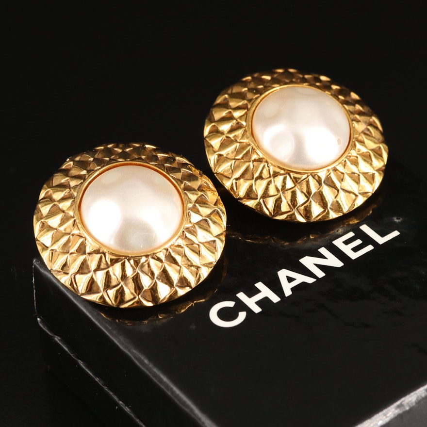 Chanel Quilted Faux Pearl Button Earrings