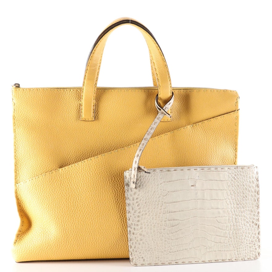 Fendi Selleria Zip Top Briefcase in Yellow Grained Leather with Pouch