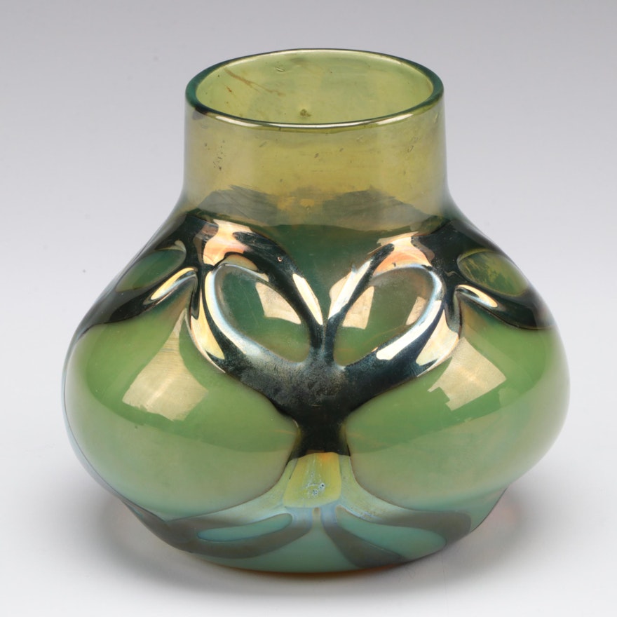 Art Nouveau Style Blown Metallic Glass Veined  Squat Vase