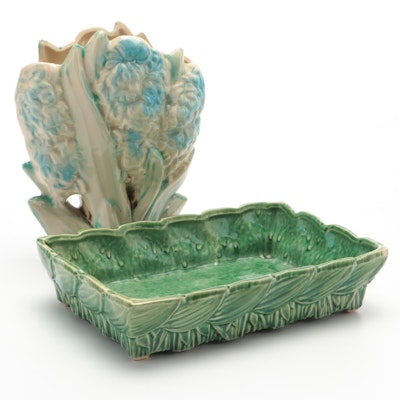 McCoy Pottery Hyacinth Vase and Green Glazed Leaf Planter, Mid-20th Century
