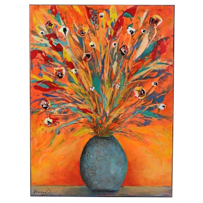 Farshad Lanjani Still Life Acrylic Painting of Flowers in Vase, 21st Century
