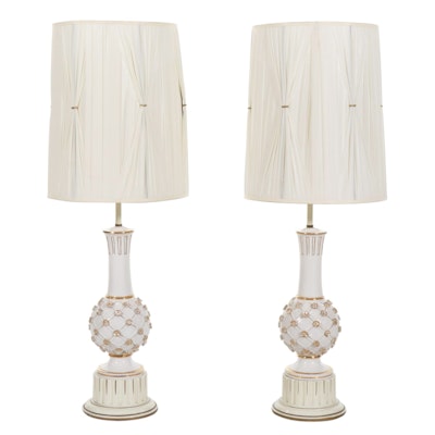 Italian Ceramic Gold and White Lattice and Flower Table Lamps, Custom Shades