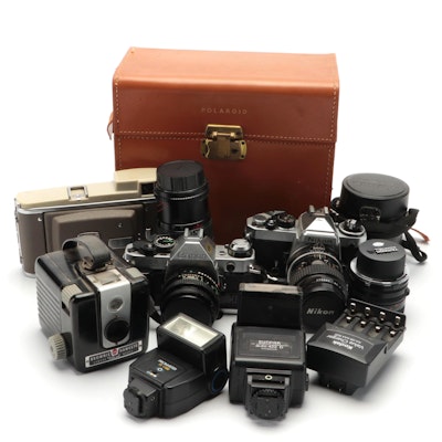 Polaroid 80A Camera in Leather Travel Case with Assorted Camera Collection