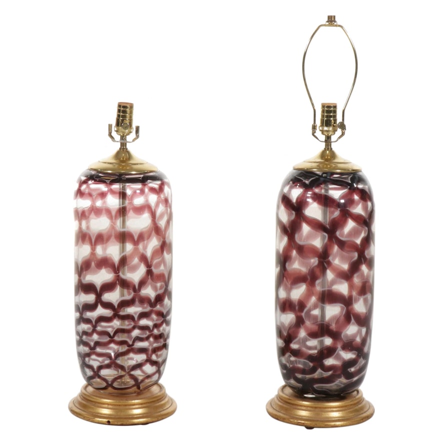 Ruby and Clear Art Glass Table Lamp Pair, Mid-20th Century