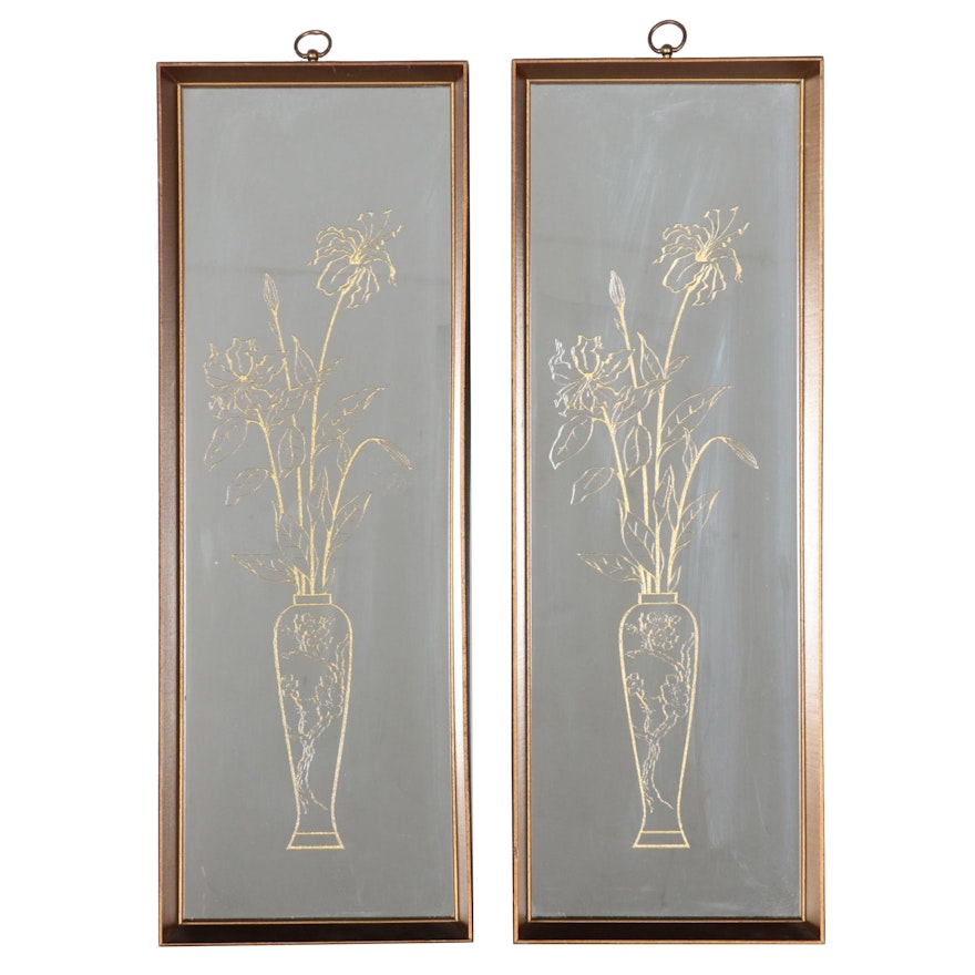 Century Furniture Deco Revival Floral Etched Rectangular Wall Mirrors