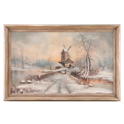 Arnold Holthaus Oil Painting of Winter Landscape With Windmill, 1895